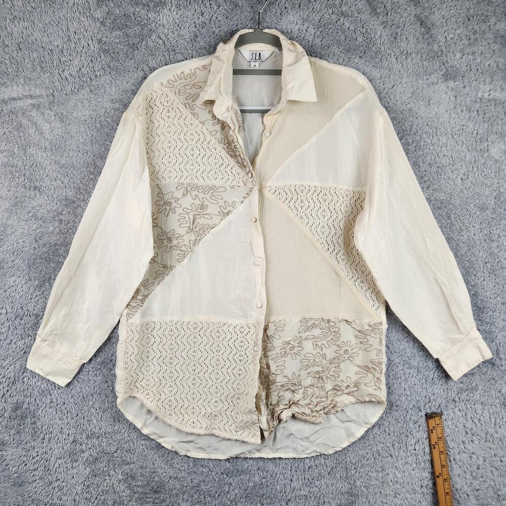 Vintage Sunny Leigh Shirt Womens Medium White Lace Embroidered Tunic Boho 90s